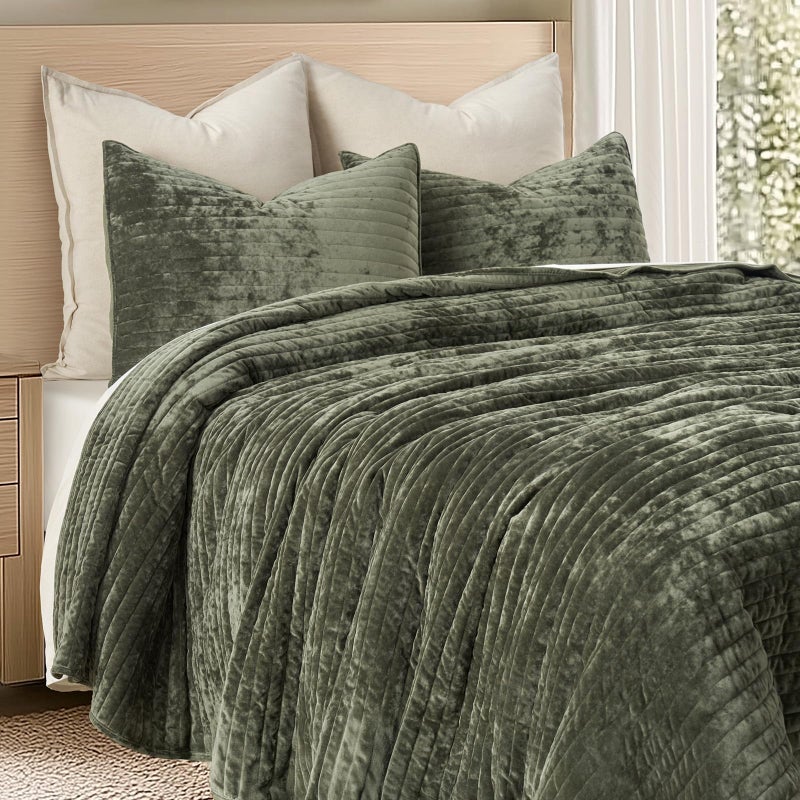 EVERGRACE Velvet Quilt Set California King 118'' x 106'', Luxurious Soft Striped Channel Bedding Set, Lightweight Velvet Comforter for All Season, Oversized Bedspread Coverlet w/ 2 Shams, Olive Green - Image 4