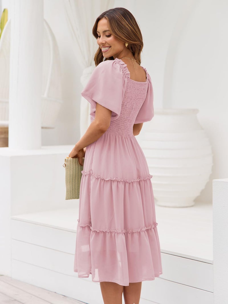 LILLUSORY Women Dresses Spring Summer 2026 Midi Graduation Bridal Baby Shower Casual Flowy Boho Sun Sundress Bridesmaid Brunch Cute Ladies Vacation Beach Smocked Teacher Clothes Outfits Pink XL - Image 4