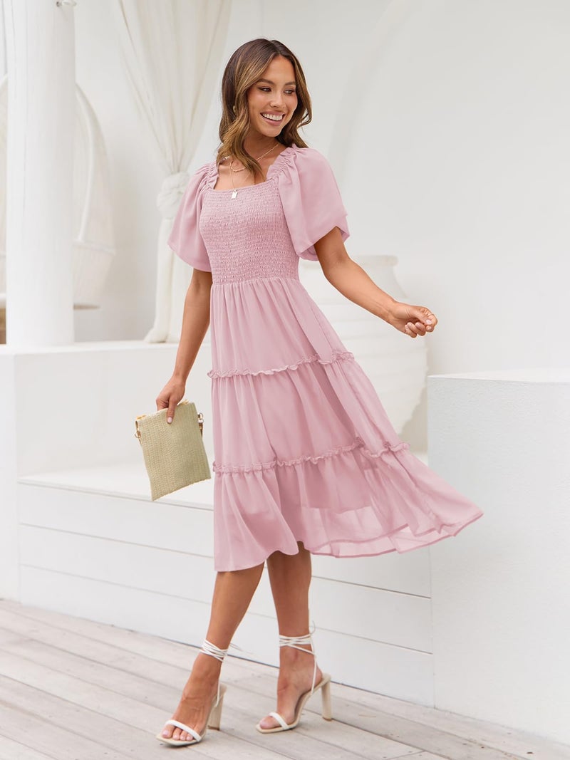 LILLUSORY Women Dresses Spring Summer 2026 Midi Graduation Bridal Baby Shower Casual Flowy Boho Sun Sundress Bridesmaid Brunch Cute Ladies Vacation Beach Smocked Teacher Clothes Outfits Pink XL - Image 5