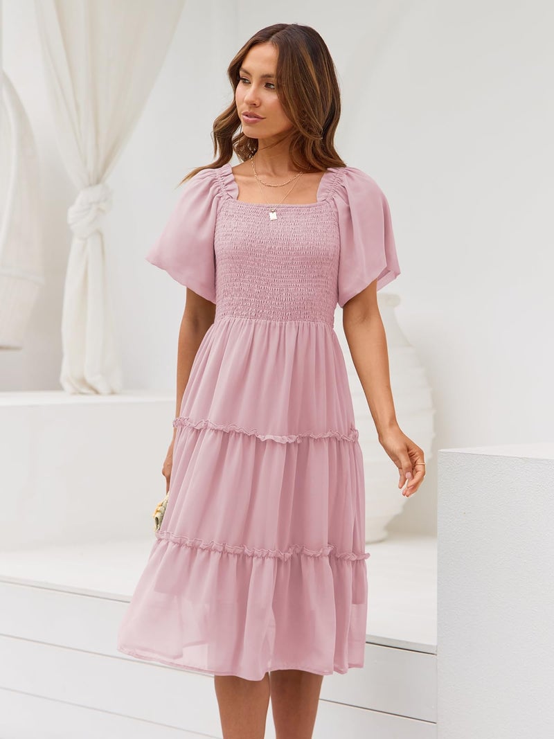 LILLUSORY Women Dresses Spring Summer 2026 Midi Graduation Bridal Baby Shower Casual Flowy Boho Sun Sundress Bridesmaid Brunch Cute Ladies Vacation Beach Smocked Teacher Clothes Outfits Pink XL - Image 3