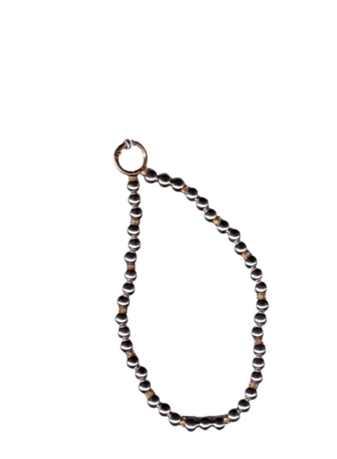 سلسلة يد خرز فضي مع فواصل ذهبية وحلقة مفاتيح روز جولد – حاملة يد قصيرة أنيقة للموبايل