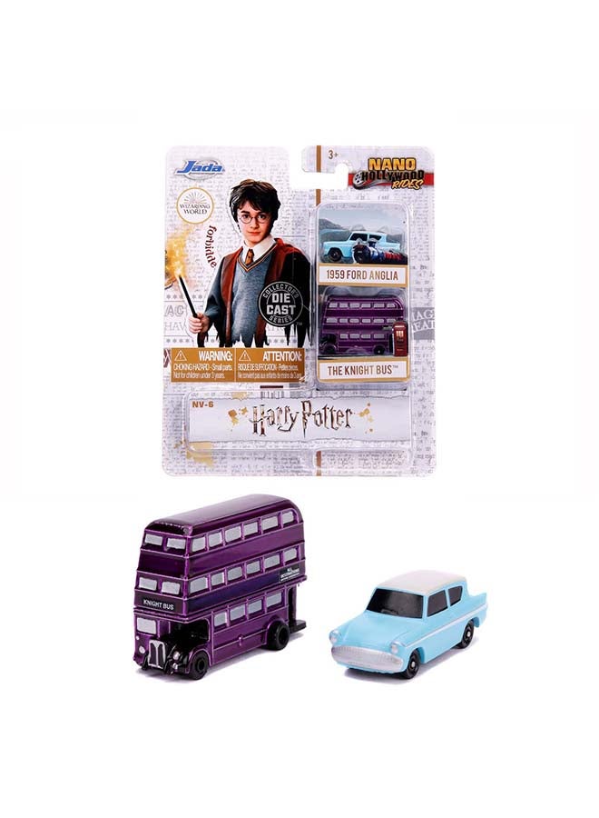 Jada Harry Potter 1.65" 2-Pack Nano Hollywood Rides, 2 Die-Cast Mini Vehicles, 1959 Ford Anglia and Knight Bus, Officially Licensed Wizarding World Collectible Cars, Ages 3+ - Image 1