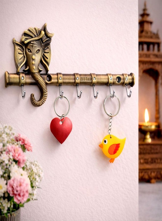 Zeetab Diamond Ganesha Key Holder & Hanger | Metal Lord Ganpati Key Stand with 6 Hook Wall Mount | Home Decor Housewarming Gift (Antique Brass) - Image 1