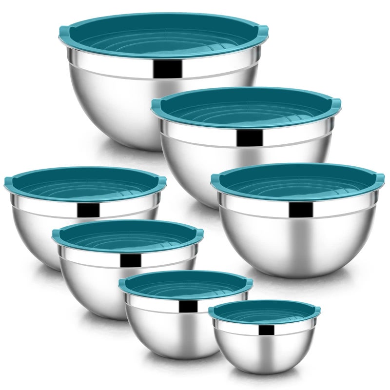 E-far أوعية خلط من الفولاذ المقاوم للصدأ E-far مع أغطية، مجموعة مكونة من 7 قطع من الأوعية المعدنية المتداخلة مع أغطية زرقاء محكمة الإغلاق لتوفير مساحة التخزين، الحجم 7، 4.6، 3، 2، 1.5، 1، 0.7QT، رائعة للخبز/الطهي/التحضير - Image 1