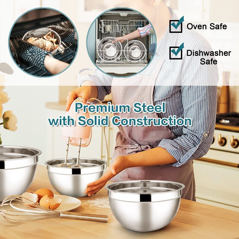 E-far أوعية خلط من الفولاذ المقاوم للصدأ E-far مع أغطية، مجموعة مكونة من 7 قطع من الأوعية المعدنية المتداخلة مع أغطية زرقاء محكمة الإغلاق لتوفير مساحة التخزين، الحجم 7، 4.6، 3، 2، 1.5، 1، 0.7QT، رائعة للخبز/الطهي/التحضير - Image 4