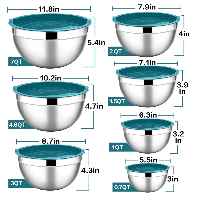 E-far أوعية خلط من الفولاذ المقاوم للصدأ E-far مع أغطية، مجموعة مكونة من 7 قطع من الأوعية المعدنية المتداخلة مع أغطية زرقاء محكمة الإغلاق لتوفير مساحة التخزين، الحجم 7، 4.6، 3، 2، 1.5، 1، 0.7QT، رائعة للخبز/الطهي/التحضير - Image 2