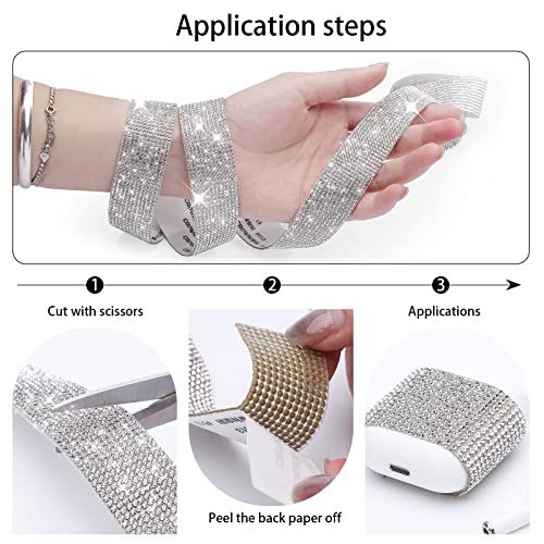 SNILOAW 3 Rolls 6.6 Yards Self-Adhesive Crystal Rhinestone Diamond Ribbon - DIY Diamond Ribbon Stickers with 2 mm Rhinestones for Arts Crafts,Bling Silver Ribbon Rolls for Phone,Car Decoration(Silver) - Image 4