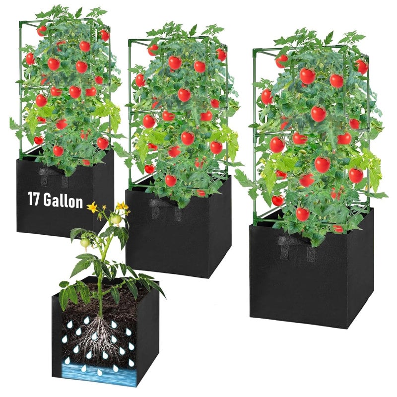 MQHUAYU 3 Pack Tomato Cages with 17 Gallon Grow Bags, 47â€ Heavy Duty Square Tomato Plant Stakes Support Cages Trellis for Garden Climbing Vegetables Flowers Fruits (47IN Tall, Extra-Bold) - Image 1