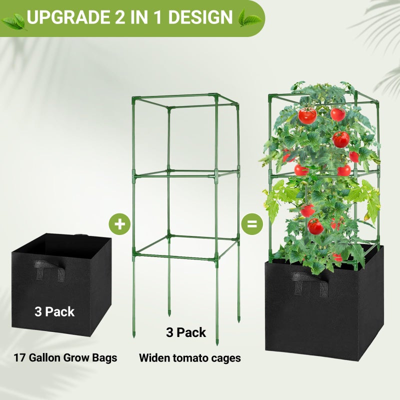 MQHUAYU 3 Pack Tomato Cages with 17 Gallon Grow Bags, 47â€ Heavy Duty Square Tomato Plant Stakes Support Cages Trellis for Garden Climbing Vegetables Flowers Fruits (47IN Tall, Extra-Bold) - Image 4