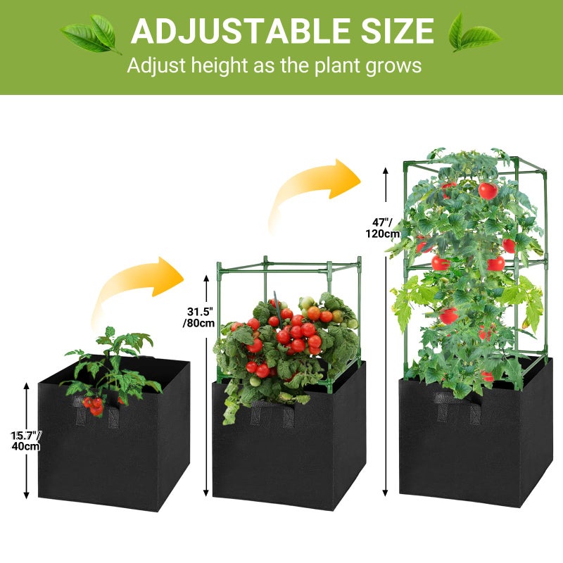 MQHUAYU 3 Pack Tomato Cages with 17 Gallon Grow Bags, 47â€ Heavy Duty Square Tomato Plant Stakes Support Cages Trellis for Garden Climbing Vegetables Flowers Fruits (47IN Tall, Extra-Bold) - Image 2