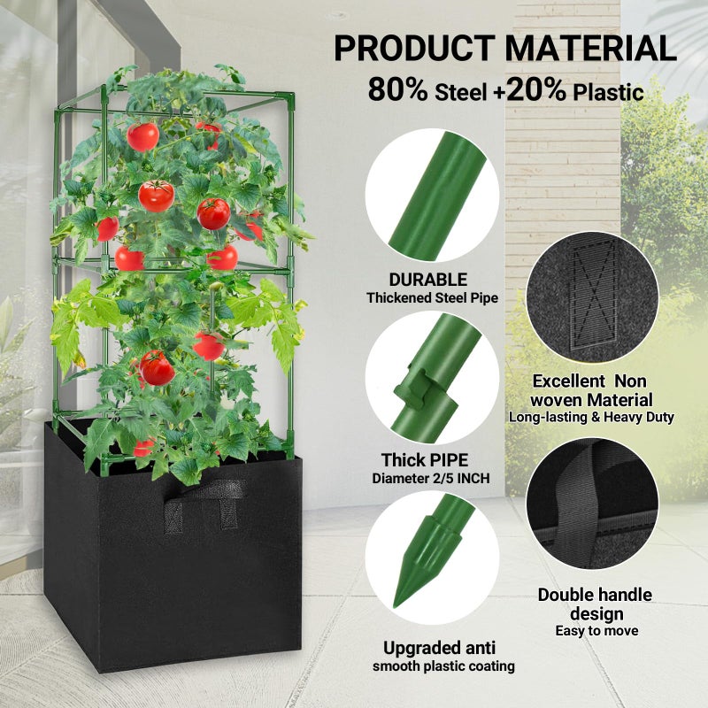 MQHUAYU 3 Pack Tomato Cages with 17 Gallon Grow Bags, 47â€ Heavy Duty Square Tomato Plant Stakes Support Cages Trellis for Garden Climbing Vegetables Flowers Fruits (47IN Tall, Extra-Bold) - Image 3