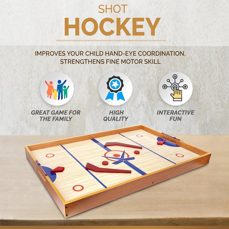 Point Games Tabletop Slap Shot Hockey Game - Super Durable Large Wooden Board With 2 Sticks and Pucks - Great Family Game for Ages 5+ - Image 2