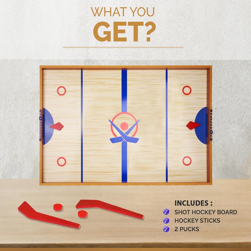 Point Games Tabletop Slap Shot Hockey Game - Super Durable Large Wooden Board With 2 Sticks and Pucks - Great Family Game for Ages 5+ - Image 4