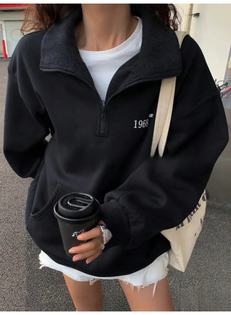 NIBEMINENT Autumn And Winter Women's Fashionable Loose Pullover Casual Half-open Long-sleeved Sports Sweatshirt Daily Street Style - Image 1