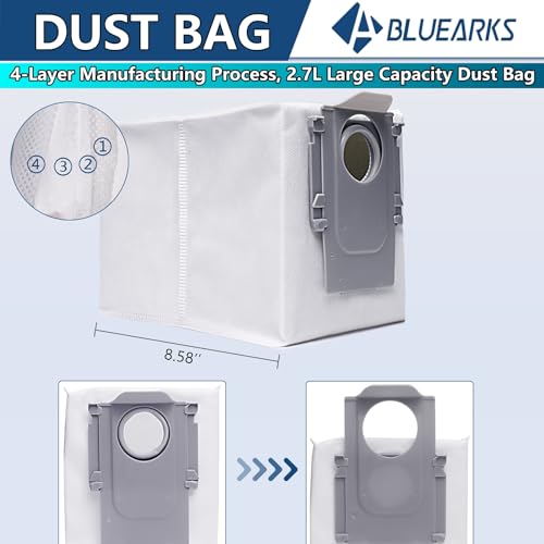 Bluearks قطع غيار بلوارك 24 قطعة لجهاز تنظيف الروبوت روبروك كريفو كيرف/كيرف S5X/كريفو إيدج/إيدج S5A/كريفو S5V، 1 فرشاة رئيسية 4 فرش جانبية 4 فلاتر هيبا 6 أكياس مكنسة 6 وسادات ممسحة - Image 5