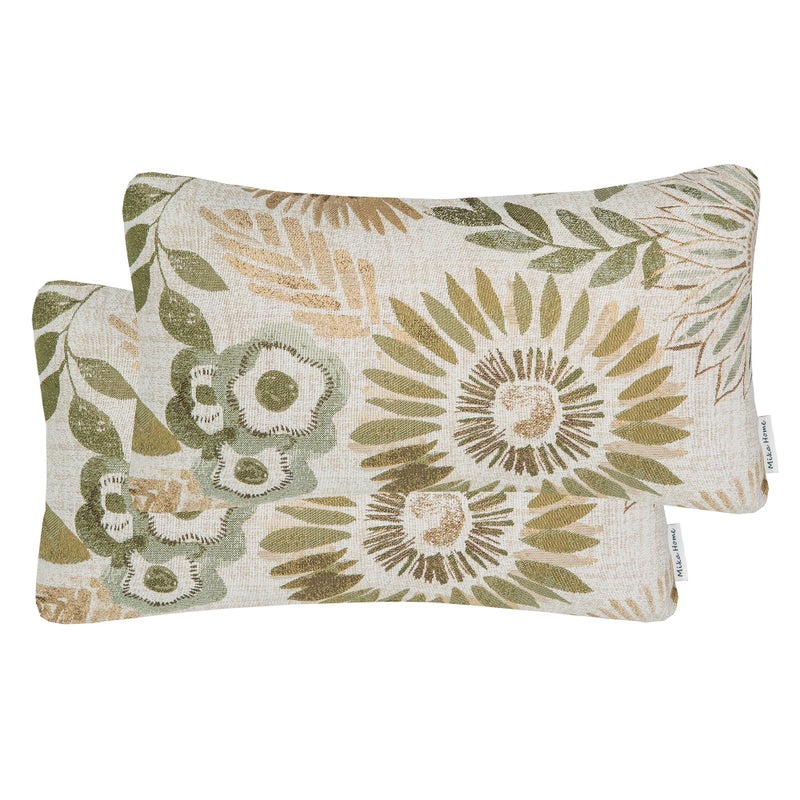 Mika Home Pack of 2 Decorative Oblong Rectangular Throw Pillow Cover Cushion Cases for ChairSunflower Pattern12x20 Inches Green Cream