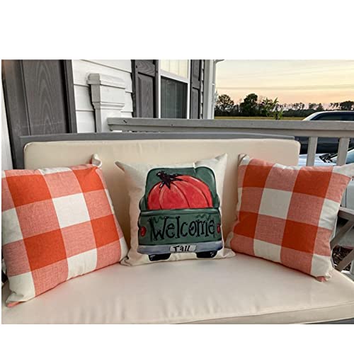 VAKADO Fall Outdoor Decor Throw Pillow Covers 18x18 Set of 2 Orange Buffalo Plaid Thanksgiving Front Porch Farmhouse Rustic Cushion Autumn Home Decorations for Couch Sofa Living Room - Image 5