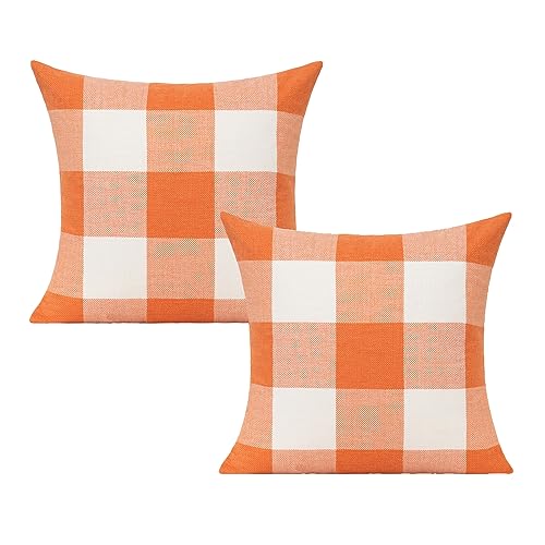 VAKADO Fall Outdoor Decor Throw Pillow Covers 18x18 Set of 2 Orange Buffalo Plaid Thanksgiving Front Porch Farmhouse Rustic Cushion Autumn Home Decorations for Couch Sofa Living Room - Image 1