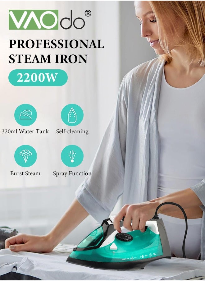 فاو دو مكواة بخار 2200 وات، قاعدة غير لاصقة، رذاذ رذاذ، مضاد للتنقيط، تحكم في درجة الحرارة قابل للتعديل، تحكم متغير بالبخار، تنظيف ذاتي، خفيفة الوزن، خزان مياه 320 مل  - Image 2