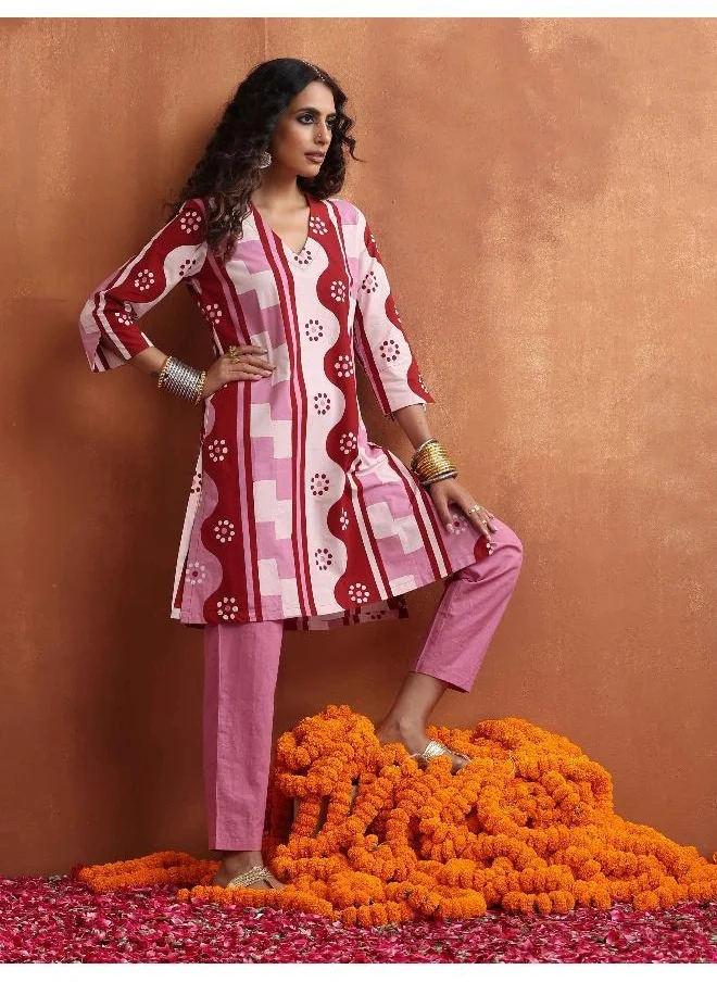 ترو برونز trueBrowns Pink Geometric Print Kurta Co-ord Set