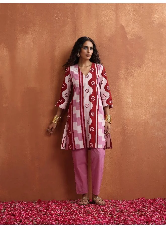 ترو برونز trueBrowns Pink Geometric Print Kurta Co-ord Set