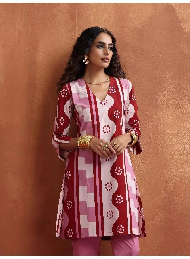 trueBrowns Pink Geometric Print Kurta Co-ord Set