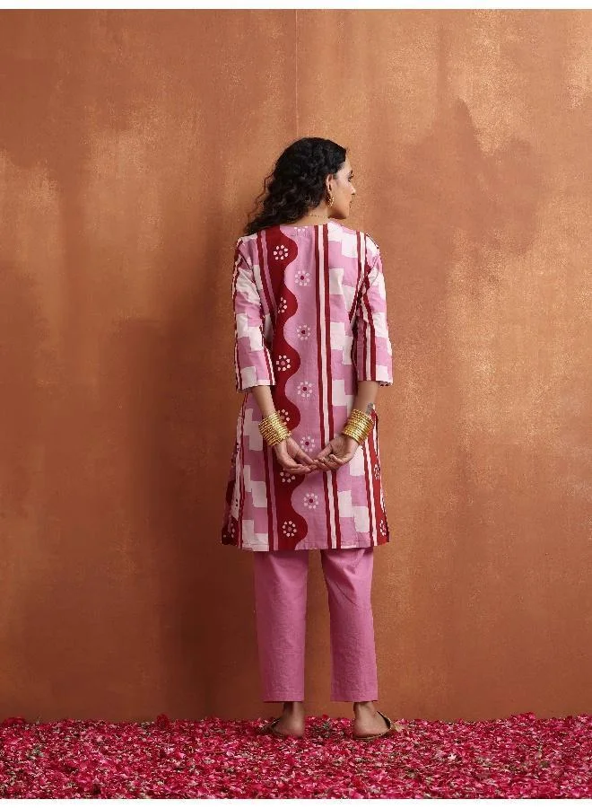 trueBrowns Pink Geometric Print Kurta Co-ord Set