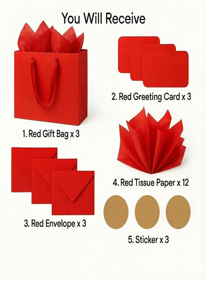 JUNESHE XL Large Red Gift Bags Set of 3, 15.7 inch Paper Bag with Handles Matching Card Envelop Sticker Tissue Paper for Party Shopping Birthday Wedding Anniversary - Image 3
