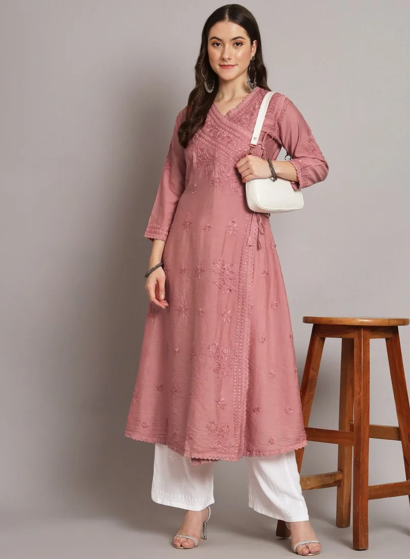 Alaya Hand Embroidered Chikankari A-Line Chanderi Cotton Angarkha Kurta-AL3667