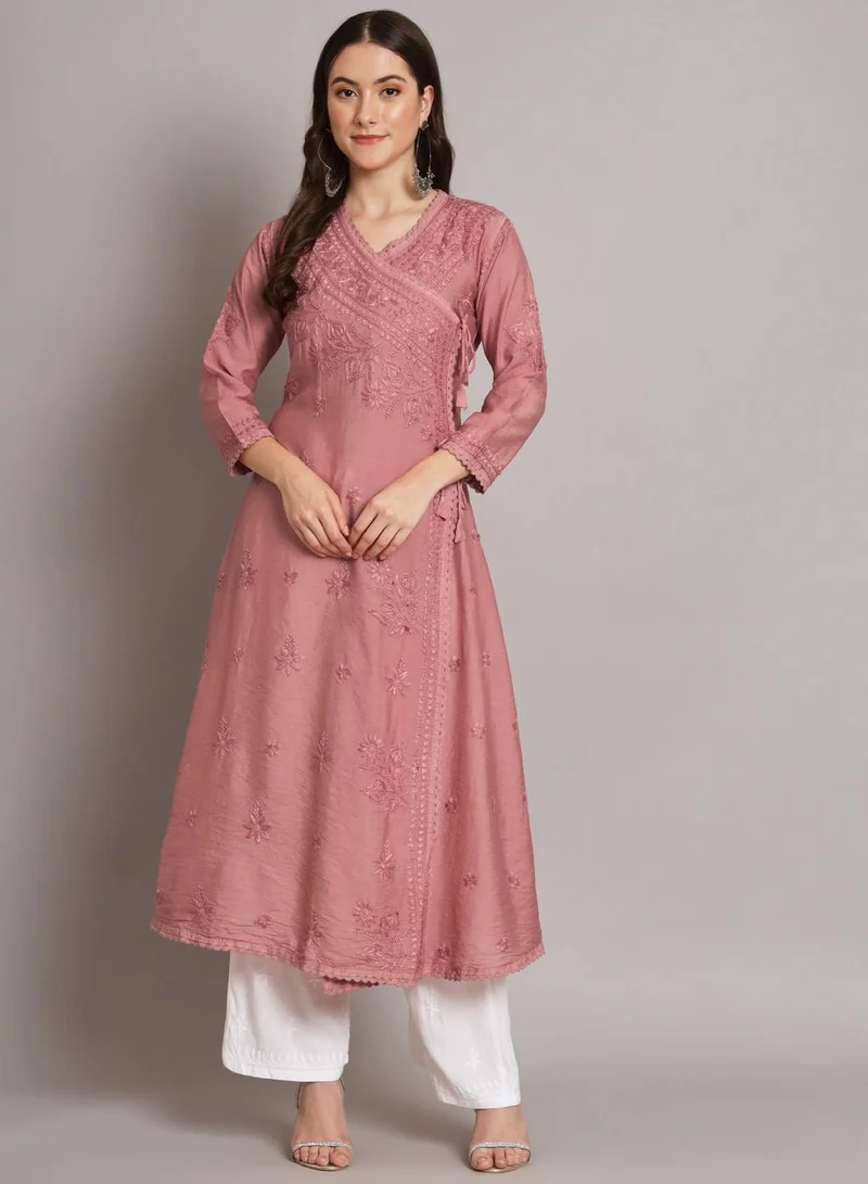 Alaya Hand Embroidered Chikankari A-Line Chanderi Cotton Angarkha Kurta-AL3667
