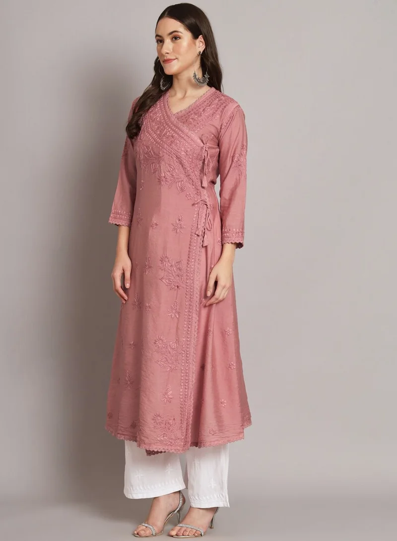 Alaya Hand Embroidered Chikankari A-Line Chanderi Cotton Angarkha Kurta-AL3667