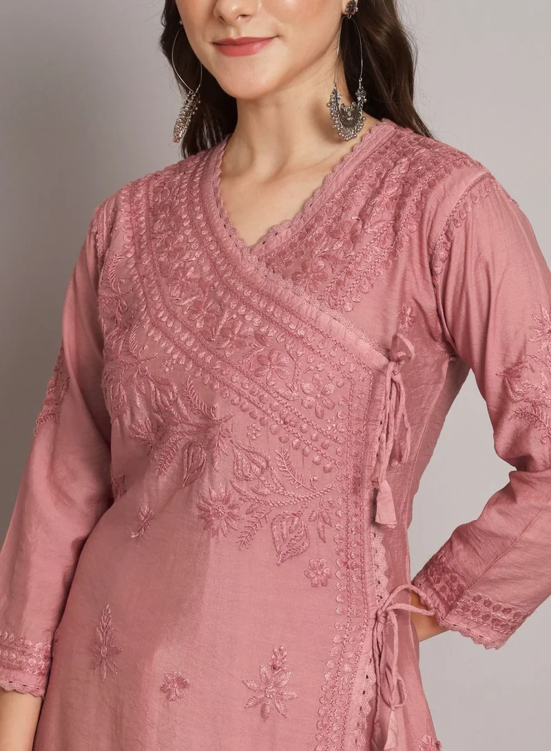 Alaya Hand Embroidered Chikankari A-Line Chanderi Cotton Angarkha Kurta-AL3667