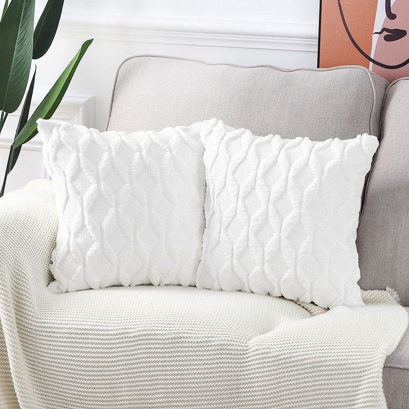 MADIZZ Set of 2 Soft Polyester Short Wool Velvet Decorative Throw Pillow Covers 16x16 inch White Square Luxury Style Cushion Cases Pillow Shell for Sofa Bedroom - Image 2