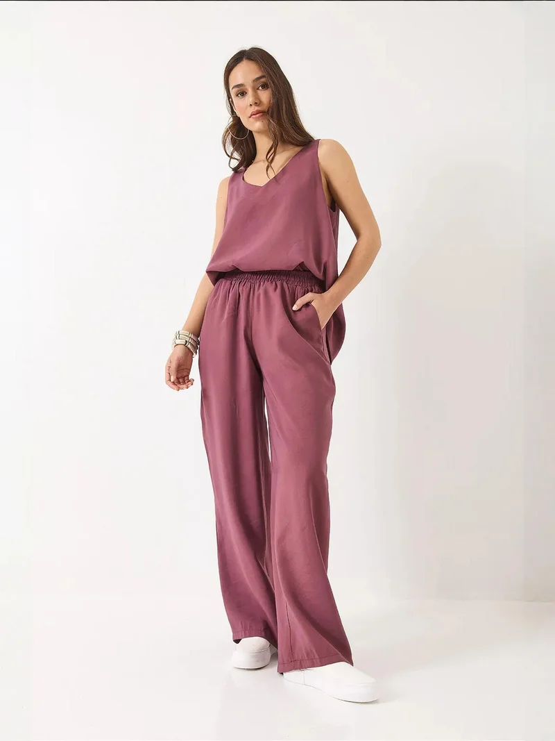 Bianco Lucci Lilac Purple LUCCI V-Neck Cotton Blouse-Pants Two-Piece Set for Women | Best Price UAE