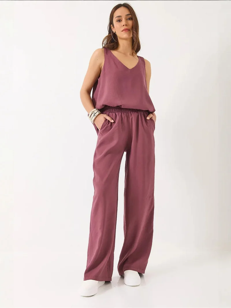 LUCCI V-Neck Cotton Blouse-Pants Two-Piece Set