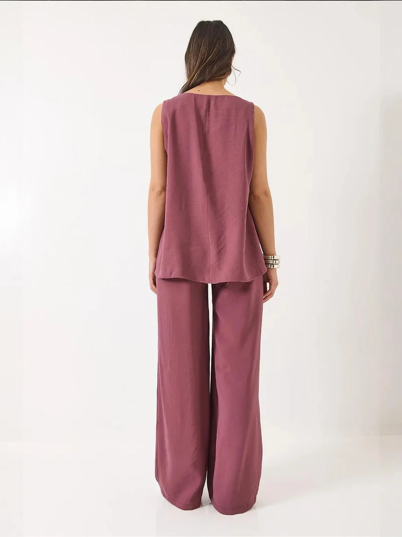 Bianco Lucci Lilac Purple LUCCI V-Neck Cotton Blouse-Pants Two-Piece Set for Women | Best Price UAE
