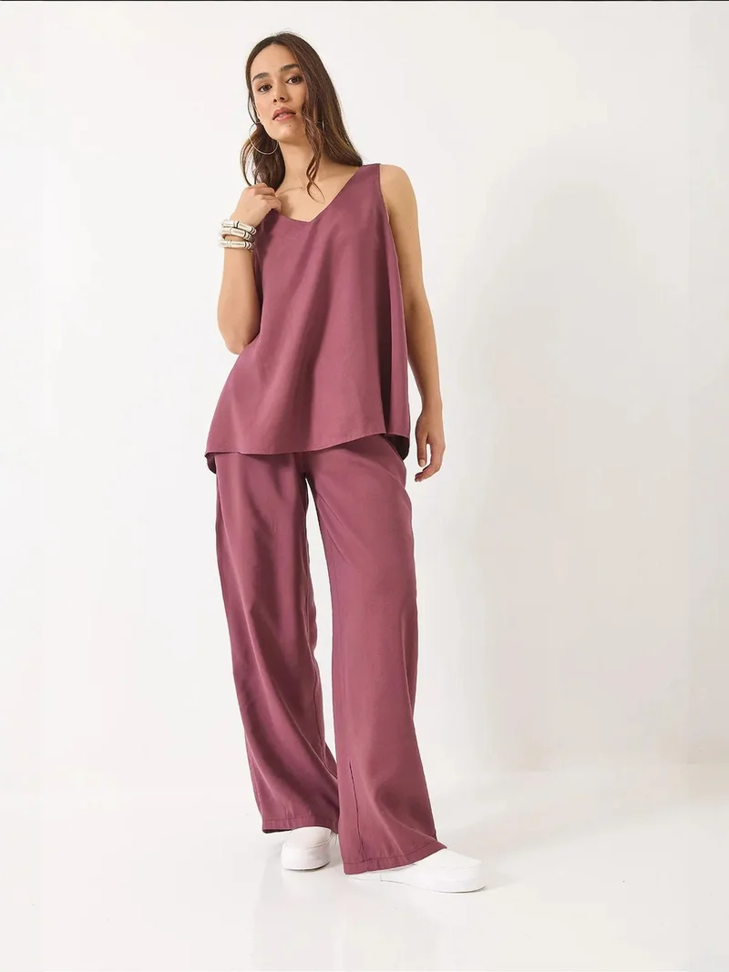 Bianco Lucci Lilac Purple LUCCI V-Neck Cotton Blouse-Pants Two-Piece Set for Women | Best Price UAE