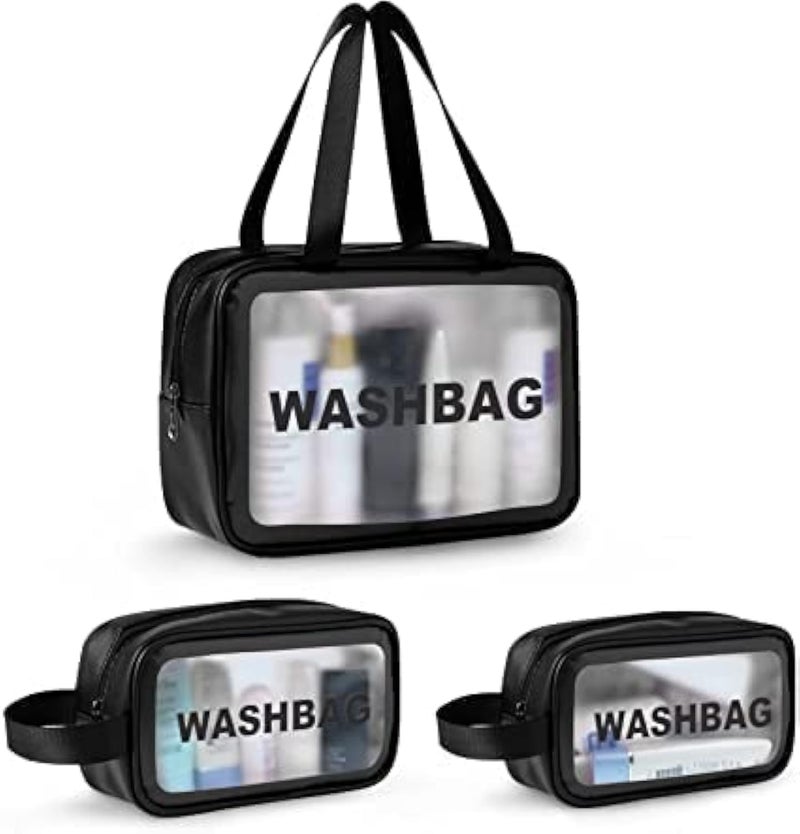 KASHIVAL Set of 3 Transparent Waterproof Travel Wash Bag/Toiletry Organizer Pouch with Handle (Black) - Image 1