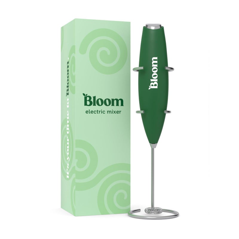 Bloom Nutrition Milk Frother Hand Mixer Electric Handheld Drink Stirrer Frothing Wand Foam Maker for Coffee Matcha Protein Greens Stainless Steel Battery Operated Includes Whisk Stand