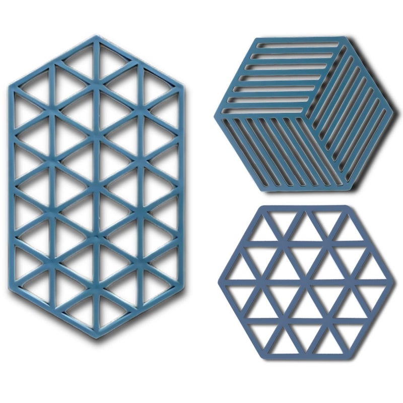 BENCI Large Hexagon Silicone Coasters Set 6.3” & 9.5” Silicone Trivet Mats Kitchen Hot Pads Pot/Pan mat, Big Coasters for Drinks, for Outdoor Table, Hot Dishes, Countertop (Blue Set of 3) - Image 1