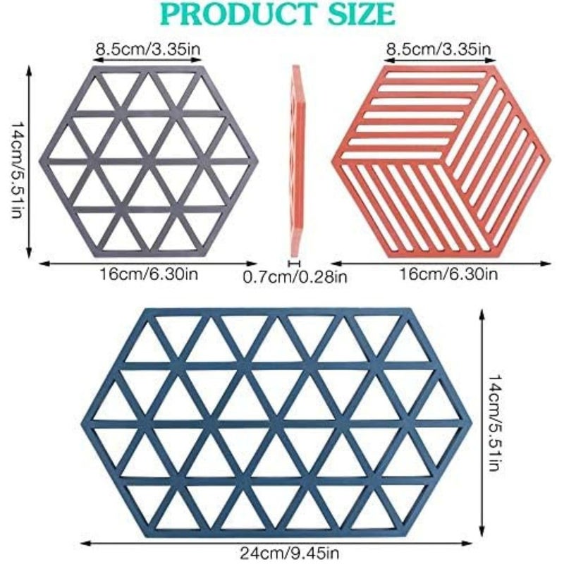 BENCI Large Hexagon Silicone Coasters Set 6.3” & 9.5” Silicone Trivet Mats Kitchen Hot Pads Pot/Pan mat, Big Coasters for Drinks, for Outdoor Table, Hot Dishes, Countertop (Blue Set of 3) - Image 2