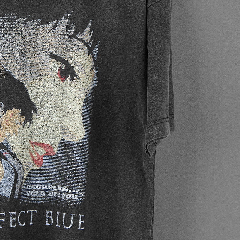 Not Linen'S Ministry Of Short Sleeve Hyun Min Perfect Blue Animation Cotton American Casual Retro Washed Black T-Shirt - Image 3