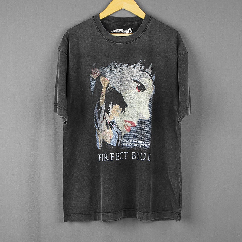 Not Linen'S Ministry Of Short Sleeve Hyun Min Perfect Blue Animation Cotton American Casual Retro Washed Black T-Shirt - Image 2