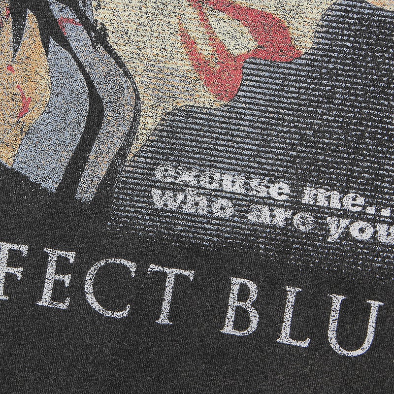 Not Linen'S Ministry Of Short Sleeve Hyun Min Perfect Blue Animation Cotton American Casual Retro Washed Black T-Shirt - Image 5