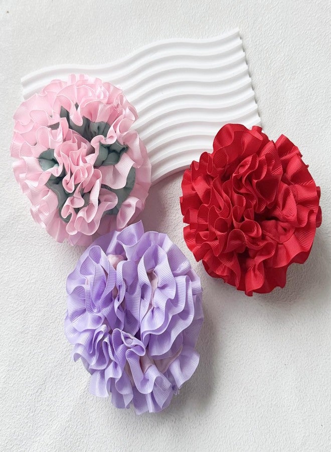 PIDOUDOU 3 Piece Ruffle Scrunchie, Double-layer Scrunchies Hair Ties Hair Bow for Women and Girls Hair Accessories (Red Pink Purple) - Image 2