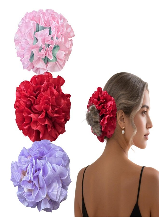 PIDOUDOU 3 Piece Ruffle Scrunchie, Double-layer Scrunchies Hair Ties Hair Bow for Women and Girls Hair Accessories (Red Pink Purple) - Image 1