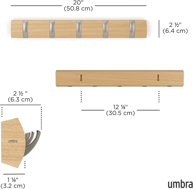 UMBRA Flip Wall-Mounted Coat Rack with 5 Hooks – Modern, Space-Saving Storage for Hats, Jackets, Bags, Entryway, Mudroom, Closet, Bathroom, Bedroom – Natural/Nickel - Image 3