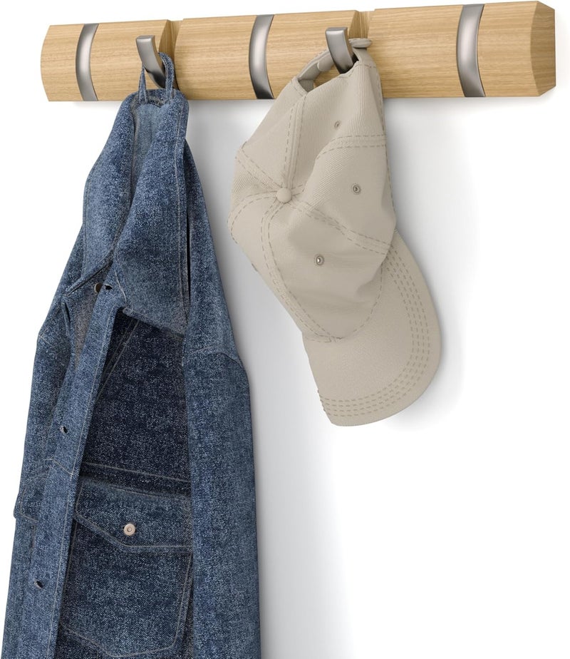 UMBRA Flip Wall-Mounted Coat Rack with 5 Hooks – Modern, Space-Saving Storage for Hats, Jackets, Bags, Entryway, Mudroom, Closet, Bathroom, Bedroom – Natural/Nickel - Image 1