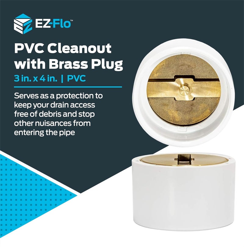 EZFLO 3 x 4 Inch PVC Cleanout with Brass Plug for Tubular Drain Applications, White, 15336 - Image 2