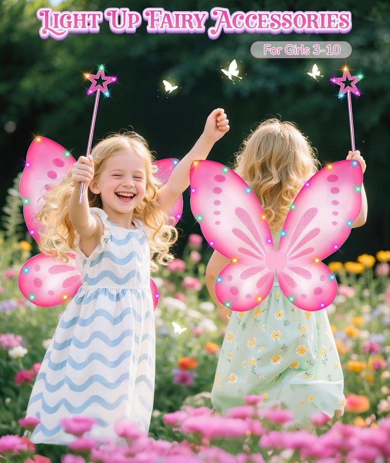 DUDUCOFU Girls Fairy Butterfly Wings with LED Light, Fairy Wings Light Up Star Wands for Girls Kids Women Halloween Dress Up (Pink) - Image 2